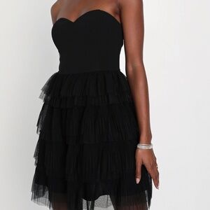 Lulus Fabulous Thoughts Black Tulle Strapless Tiered Mini Dress M